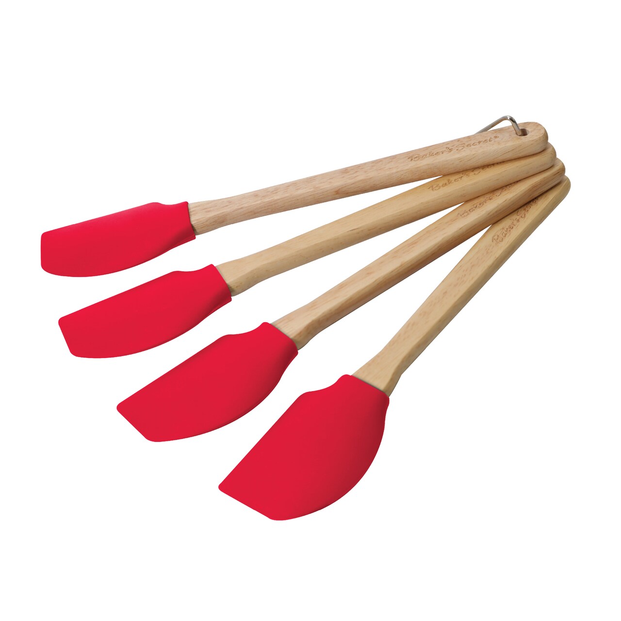 Baker's Secret - 4pcs Silicone Spatula set 12", Wooden Handle with Hanger, Cake Decoration Pastry Preparation, Baking Utensils